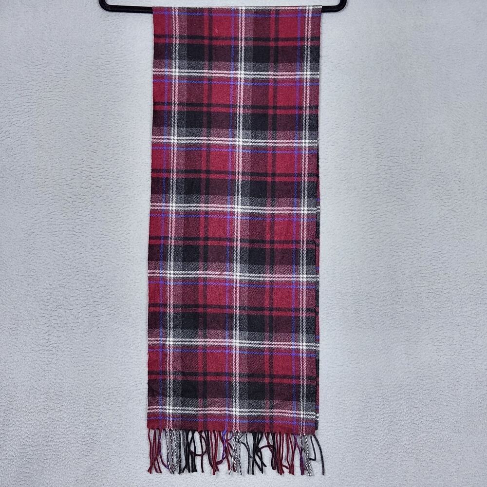 Jos A Bank Scarf Mens One Size Red Black Plaid 100% Cashmere Fringe Winter